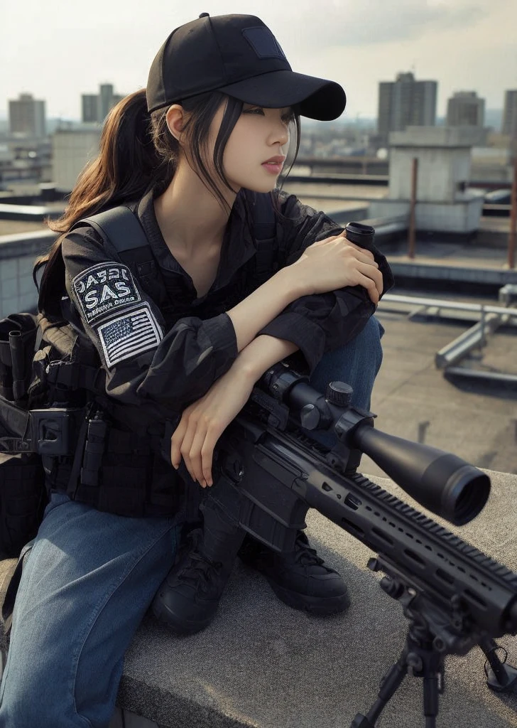 8k,Realistic Skin Texture、Realistic Photo、Japanese woman in SWAT sniper team、Rooftop、A sniper rifle is propped up against the wall、Rising He is holding his hand to his ear and talking on an intercom、cap backwards、noon、Dynamic pose、Innovative composition、Full body photo