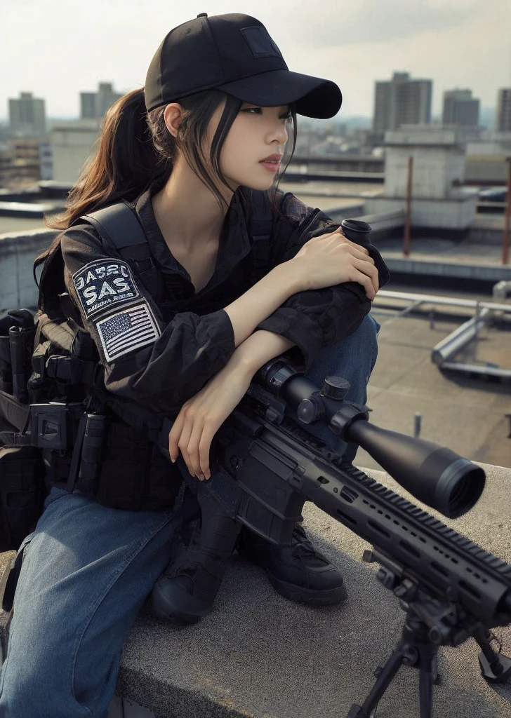 8k,Realistic Skin Texture、Realistic Photo、Japanese woman in SWAT sniper team、Rooftop、A sniper rifle is propped up against the wall、Rising He is holding his hand to his ear and talking on an intercom、cap backwards、noon、Dynamic pose、Innovative composition、Full body photo