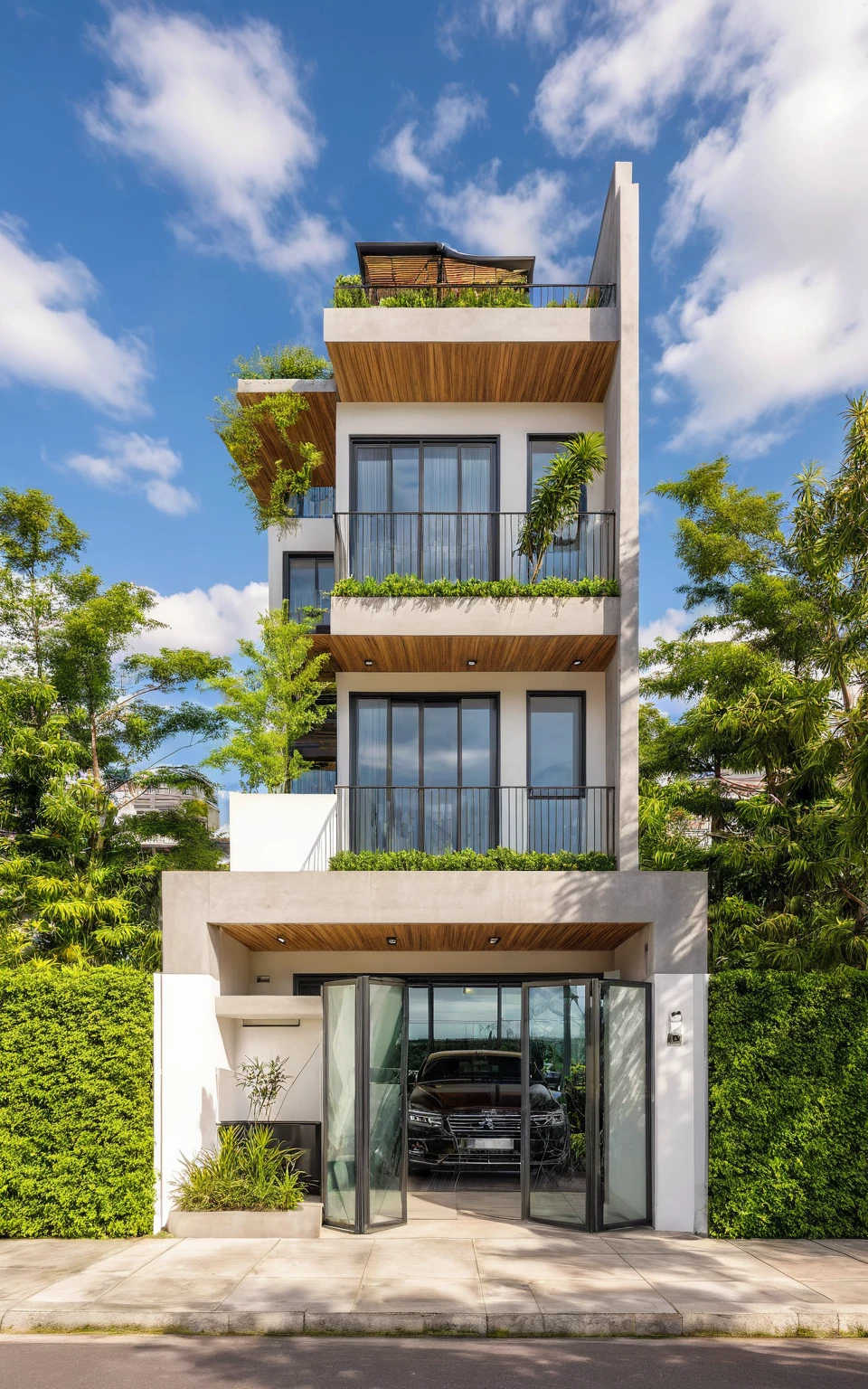 Masterpiece, high quality, best quality, authentic, super detail, outdoors, house style modern,bietthuhn, white wall, glass windows, gate road,pavement, grass, trees,blue sky, cloud, (day:1.1), realistic lighting