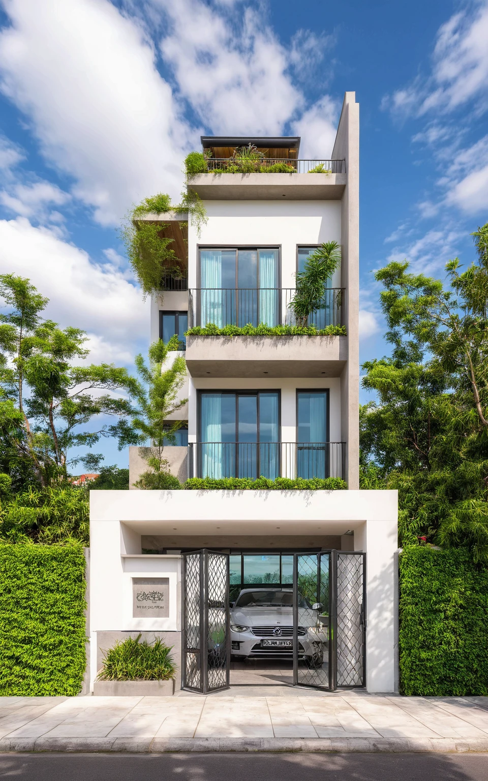 Masterpiece, high quality, best quality, authentic, super detail, outdoors, house style modern,bietthuhn, white wall, glass windows, gate road,pavement, grass, trees,blue sky, cloud, (day:1.1), realistic lighting