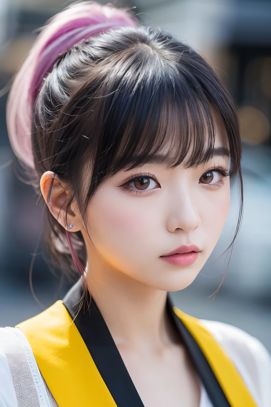 high quality, High resolution, masterpiece, completion, detailed.impressive, Cutting-edge female photography portraits, Showcasing a bold and daring street-art style. Facing forward、cyan, and purple, Her vibrant makeup really catches the eye.. Her colorful hair is tied up high, Blue and pink hues in harmony. 背景には蛍光クロムイエローand purpleの魅惑的なグラデーションが施されています, Blends seamlessly with the dynamic colors of your subject. An unforgettable image