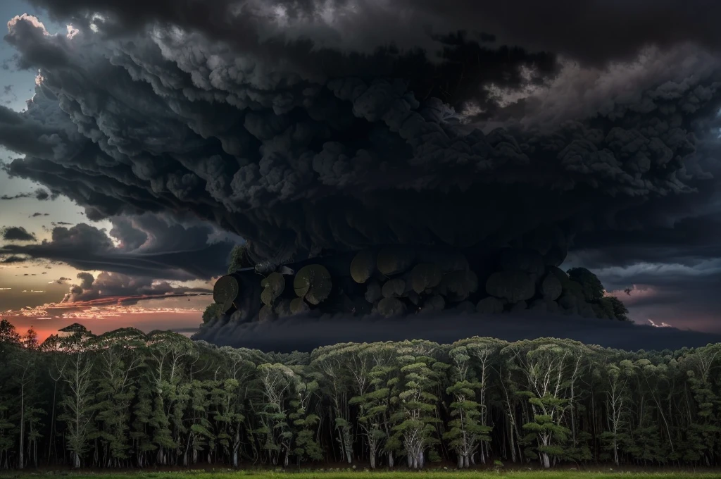 (((Masterpiece))), (high quality), (In the forest at dusk:1.5),There are lots of big trees around,(It is surrounded by dozens of trees.:1.5),(Black clouds cover the sky:1.5),The Storm is Coming,There are large trees all around, and I'm looking up at them.,Realistic