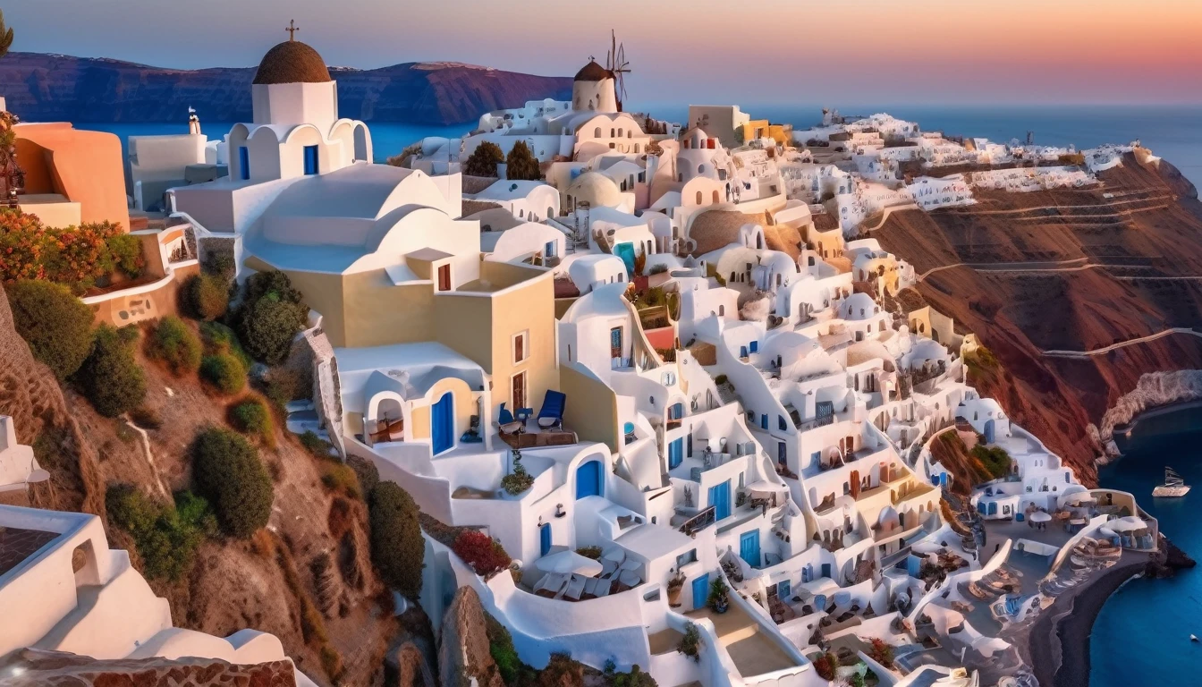 aerial view of Santorini Greece, front view, high view, colorful environment, soft lighting, Mediterranean landscape, Greek fantasy panorama, Greek architecture, Greek fantasy, incredibly beautiful, Greek style, Mediterranean city, stunning image, masterpiece , 8k, 16k, best quality, high detail, high quality, super detail, high resolution