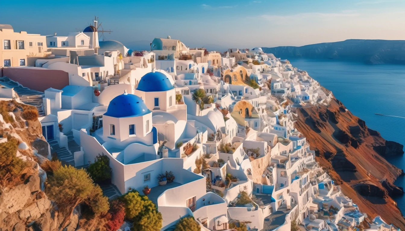 aerial view of Santorini Greece, front view, high view, colorful environment, soft lighting, Mediterranean landscape, Greek fantasy panorama, Greek architecture, Greek fantasy, incredibly beautiful, Greek style, Mediterranean city, stunning image, masterpiece , 8k, 16k, best quality, high detail, high quality, super detail, high resolution