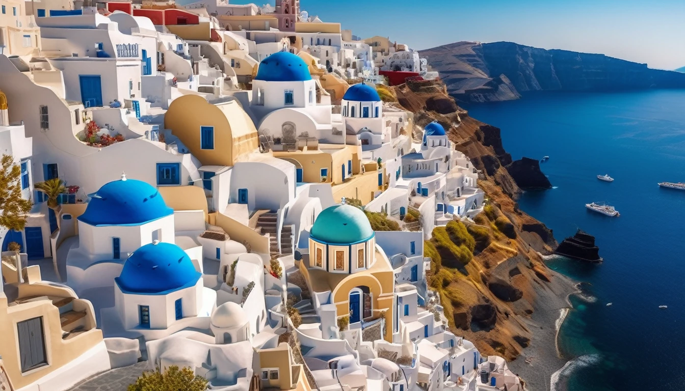 aerial view of Santorini Greece, front view, high view, colorful environment, soft lighting, Mediterranean landscape, Greek fantasy panorama, Greek architecture, Greek fantasy, incredibly beautiful, Greek style, Mediterranean city, stunning image, masterpiece , 8k, 16k, best quality, high detail, high quality, super detail, high resolution