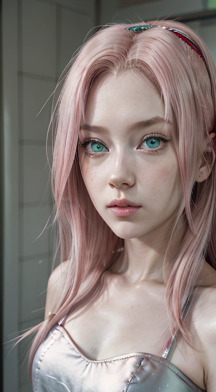 young woman, long pink hair, wide forehead, porcelain skin, pink eyebrows, big emerald green eyes, buttoned nose, thick lips, heart-shaped face, slender body, small breasts, pink leather dress, Sakura Haruno, realistic, realism black details 3d
