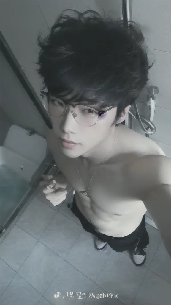 there is a man con gafas standing in a bathroom, south korean man,  ulzzang with glasses, korean muscle boy 21 years old, 22 years, leaked image, youngster, Yeonjun, Yeonjun txt, Yeonjun, TOMORROW X TOGETHER, Smiling flirtatious, blue hair, blue eyes  