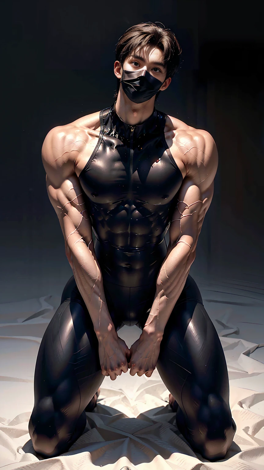 masterpiece,best quality,Look up at the characters,Front view,Stay away from the camera, (An 18-year-old boy with extraordinary development:1.2), (Tall and fit body),(Kneeling on the beach),Black and white tight-fitting cycling suit,Broad and straight shoulders,Muscular shoulders,(Extremely strong body),Muscular body,Fitness,Perfect body proportions,Inverted triangle figure,Biceps,Highlight muscle texture, Muscular body,Slender and toned legs,Small head,Handsome and cute face,Perfectly detailed facial features,Looking at the camera,A serious and angry expression,leaning back,head tilt, happy, very short hair, brown hair,(looking at viewer:1.2),Vision