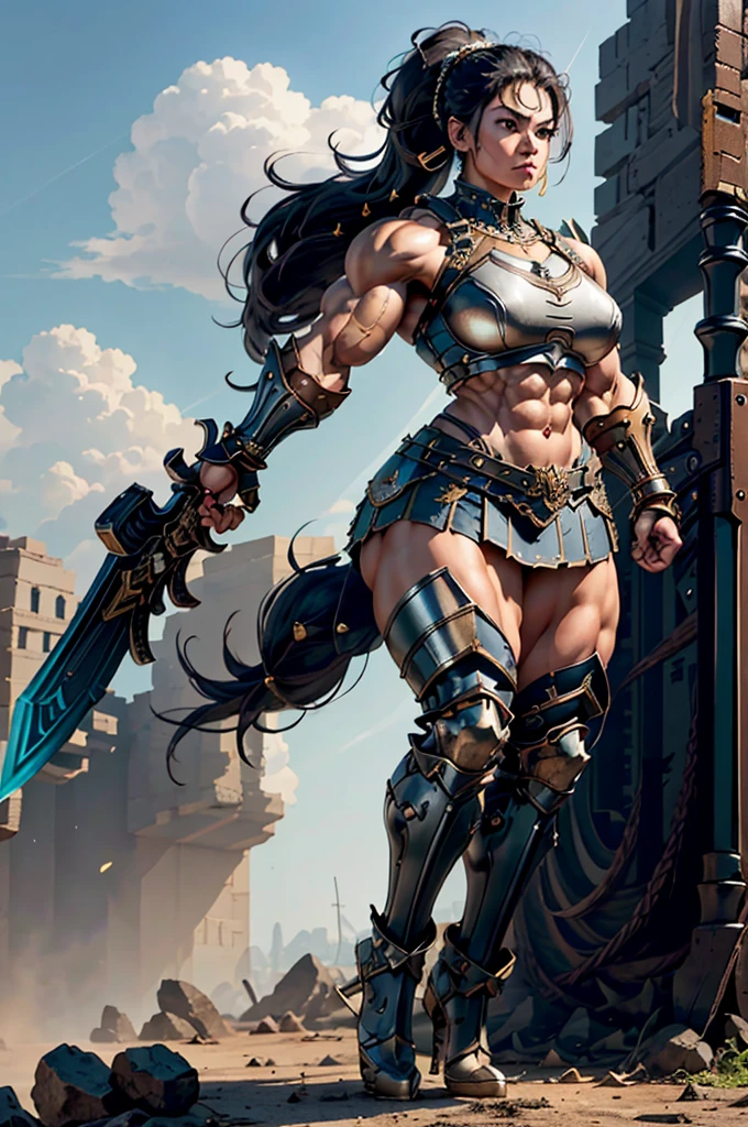 (Best lighting) , (Very intricate details) , 4K Integration, (Super fine CG: 1.2) , (8K: 1.2),(original), (masterpiece) , (Highest quality),(masterpiece:1.4),((Full images))、Photo quality,(masterpiece),masterpiece, Highest quality, Absurd,((Masterpiece, 4K, 8K, High resolution)),(masterpiece), (Highest quality), (Super detailed), (Very delicate and beautiful), ((Full body image 1:1.5)), 1 female, The face of a 40-year-old Western woman、A beautiful, well-balanced face、 ((A woman with a muscular body like a male bodybuilder)),((Huge muscular physique))、((A 200cm tall woman))、Giants Women、((Beautiful woman)),((Woman warrior)),45 year old mature woman, Wearing Valkyrie Metal Armor、((Metal armor that resembles a thick chest and abdominal muscles))、((Metal armor covering the upper body))、mini skirt、Valkyrie's Helmet、Very strong legs、((Long boots with pin heels))、((kneehigh boots))、Wields a large spear as long as his height、A spear weighing 60 kg、Medieval streetscape,Strength and elegance,Solemn atmosphere,((The Queen's Appearance))、((The Strongest Queen of Mankind))、(Huge muscular physique),((Protruding veins))、((A woman with a toned chest like a male bodybuilder))、Raised trapezius muscle、very thick neck、((Strong arms with bulging biceps))、A muscular chest、Six-pack、((Thick thighs with bulging muscles))、Exposed thighs、((Bicep-like calf muscles))、Overflowing with incredible strength、Muscles bulging out from under the force of force all over the body、Black Hair、ponytail、A commanding presence,Poses that show off their monstrous power,Model standing、Standing with dignity、Vibrant colors,Down to the smallest thread,Impressive level textures,Sharp focus,((A strong Valkyrie captain)),((A powerful Valkyrie captain)),