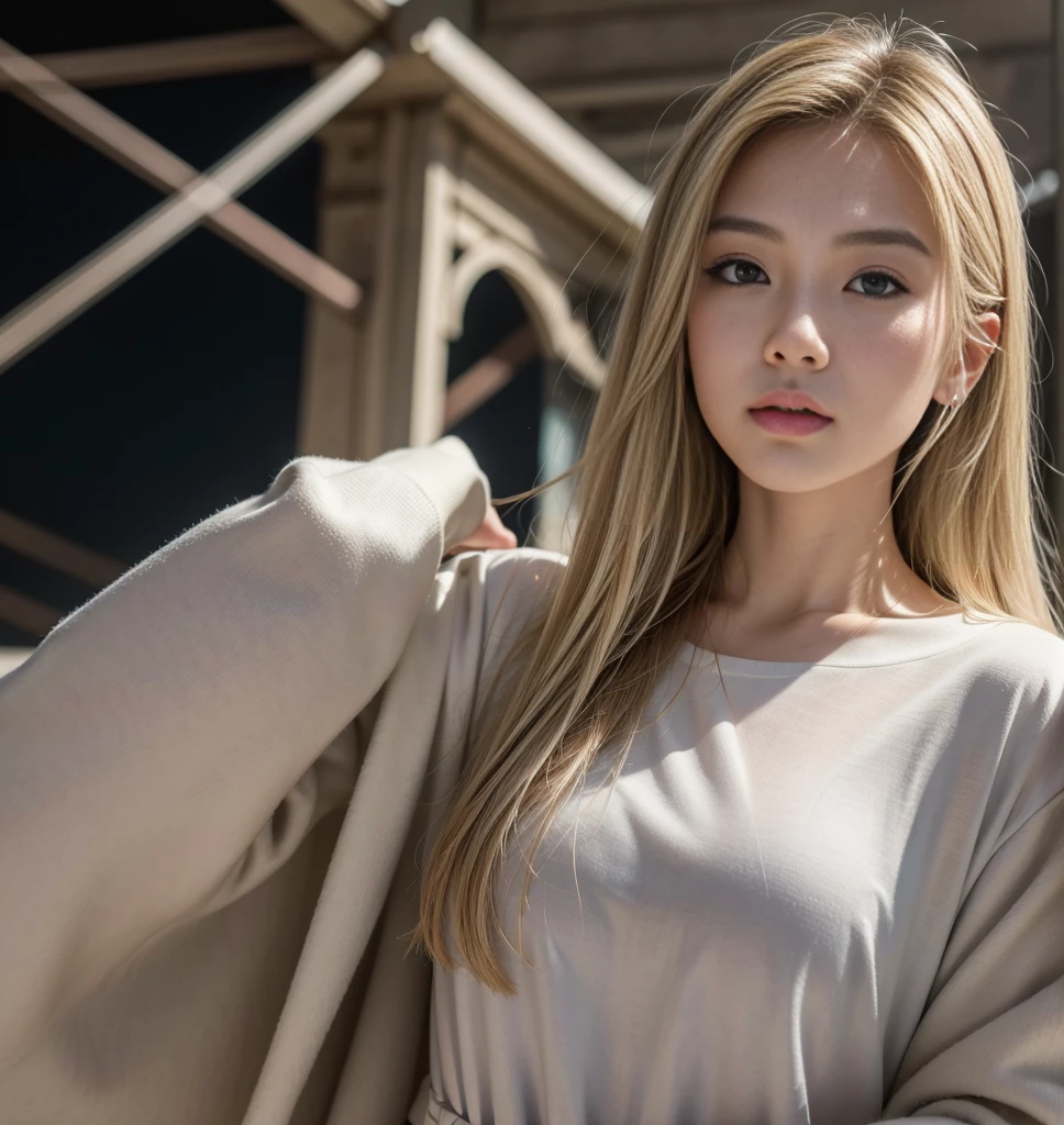 I want my 25 year old model with Asian looks ,hair flip blonde, sensual style, perfect skin with pores and micro hairs, low light, work of art, best quality image, natural casual style, dynamic posture, in formal wear next to the Eiffel Tower