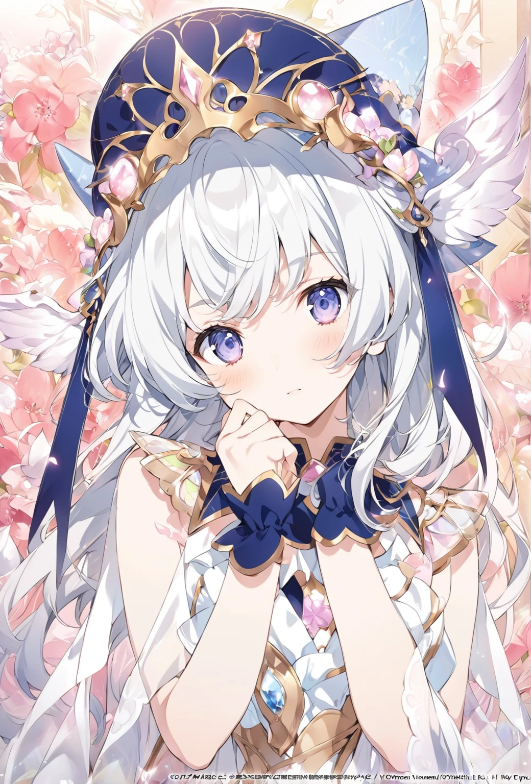 Close-up of a person in a hat with flowers in the background, White-haired God, Cute girl anime visuals, Ethereal Anime, Anime Goddess, Magical Girl Portrait, Official Art, shikishi, Official Anime Artwork, anime key visual of elegant, I also make fan art, Anime Princess, shikamimi, Rorish