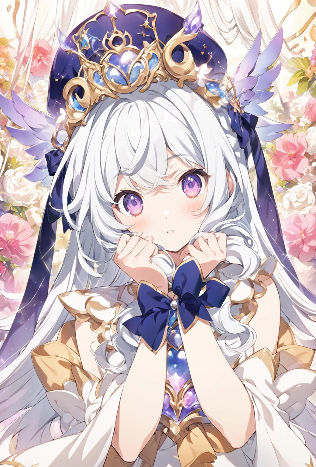 Close-up of a person in a hat with flowers in the background, White-haired God, Cute girl anime visuals, Ethereal Anime, Anime Goddess, Magical Girl Portrait, Official Art, shikishi, Official Anime Artwork, anime key visual of elegant, I also make fan art, Anime Princess, shikamimi, Rorish