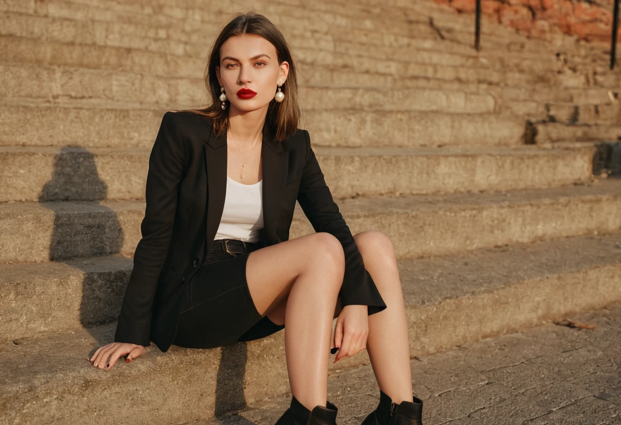 color digital photograph of Lucie Prochazka a woman from czech republic wearing (a black blazer), (a white t-shirt), (black skinny jeans), (black ankle boots), (pearl earrings), (red lipstick), and Slingbacks shoes shot on Nikon Z9 by Denis Karasev, 26 years old, pale skin, (long hair), tiny figure, small breasts, feeling, at golden hour,full body, masterpiece, natural lighting, (outdoor setting:1.2), warm tones, side lighting, natural skin details, 4k, UHD, masterpiece, detailed eyes, detailed face, detailed skin, perfect hands, perfect feets, photo, high skin detail, moles, imperfect skin, ultra realism, RAW photo, subsurface scattering
