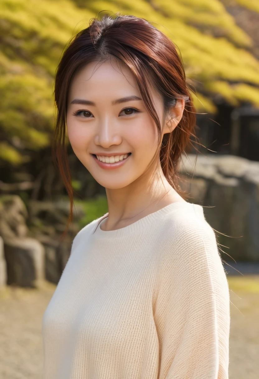 (best quality, masterpiece, ultra detailed, ultra high res, photorealistic, raw photo, absolutely resolution), smile, warm colors, Japanese, 20 year old woman, out door