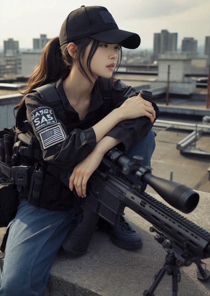 8k,Realistic Skin Texture、Realistic Photo、Japanese woman in SWAT sniper team、Rooftop、A sniper rifle is propped up against the wall、Rising He is holding his hand to his ear and talking on an intercom、cap backwards、noon、Dynamic pose、Innovative composition、Full body photo