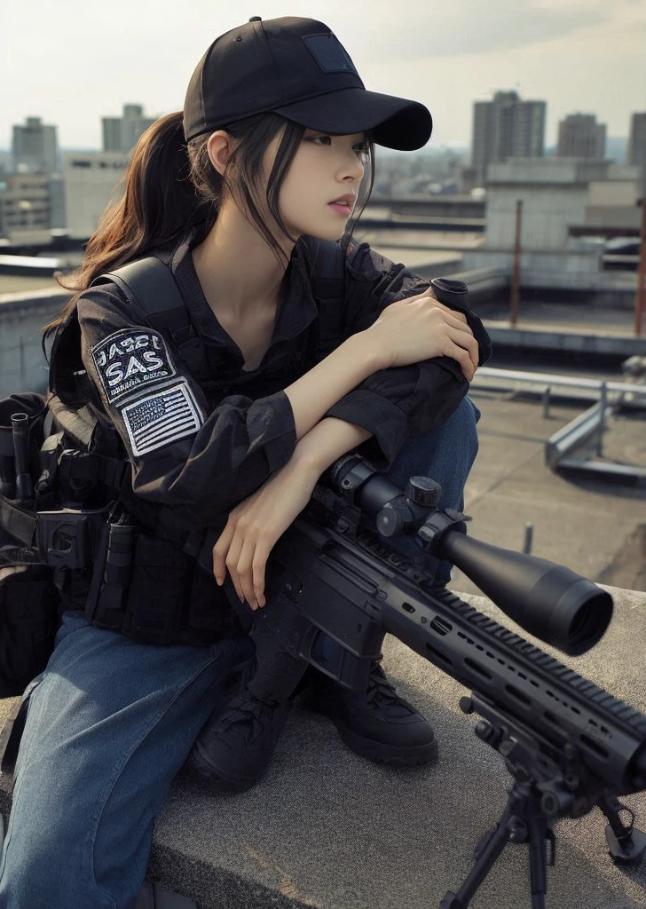 ８ｋ,Realistic Skin Texture、Realistic Photo、Japanese woman in SWAT sniper team、Rooftop、A sniper rifle is propped up against the wall、Rising　He is holding his hand to his ear and talking on an intercom、cap backwards、noon、Dynamic pose、Innovative composition、Full body photo