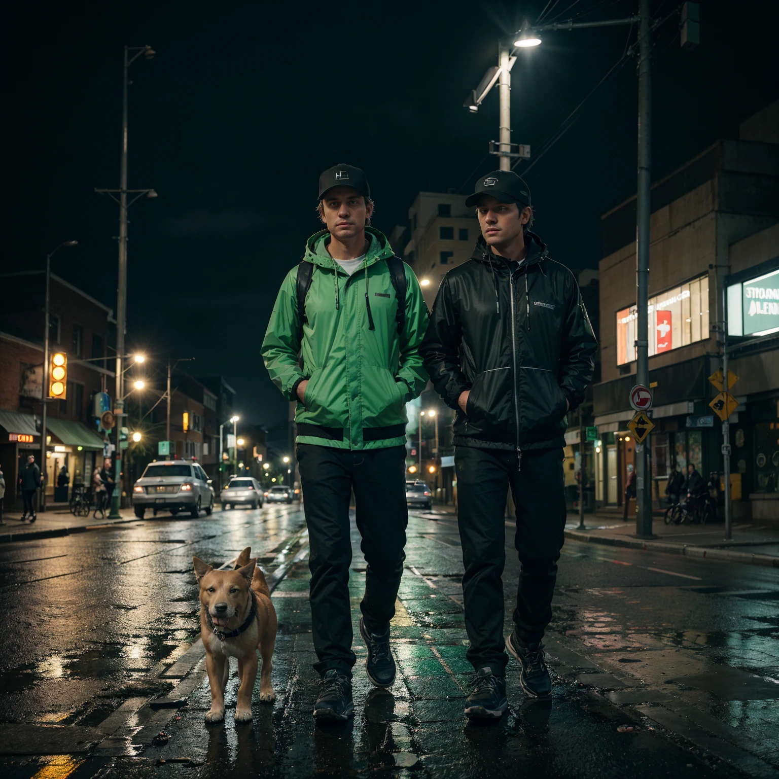 A contemporary photo of a caucasian man with his dog in leash standing on the sidewalk by a tall traffic light, European style traffic lights, side wiev, late dark evening and pouring rain, cars has green lights, blurry cars passing by, reflections, camera on level with his shoes, camera with a ultra wide angle angle lens is tilted upwards, baseball cap, all weather jacket with hoodie, hiking shoes, full portrait from feet to head, street intersection in a small rural town, --no camera angle straight on, grungy colors, flash, unnatural colors, overexposed, man with camera and backpack, dog without leash --ar 3:4 --style raw --stylize 200
