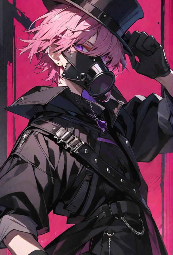 solo, handsome, 1 male, short hair, pink hair, purple eyes, black coat, black plague doctor mask, black gloves, black top hat