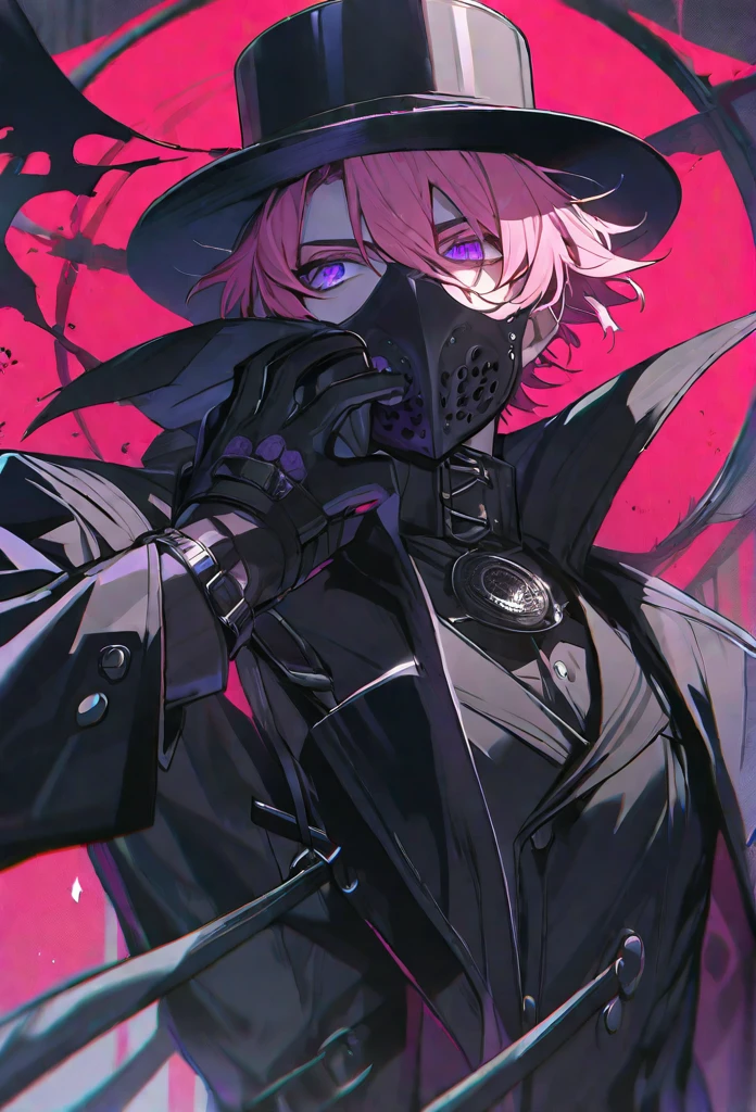 solo, handsome, 1 male, short hair, pink hair, purple eyes, black coat, black plague doctor mask, black gloves, black top hat