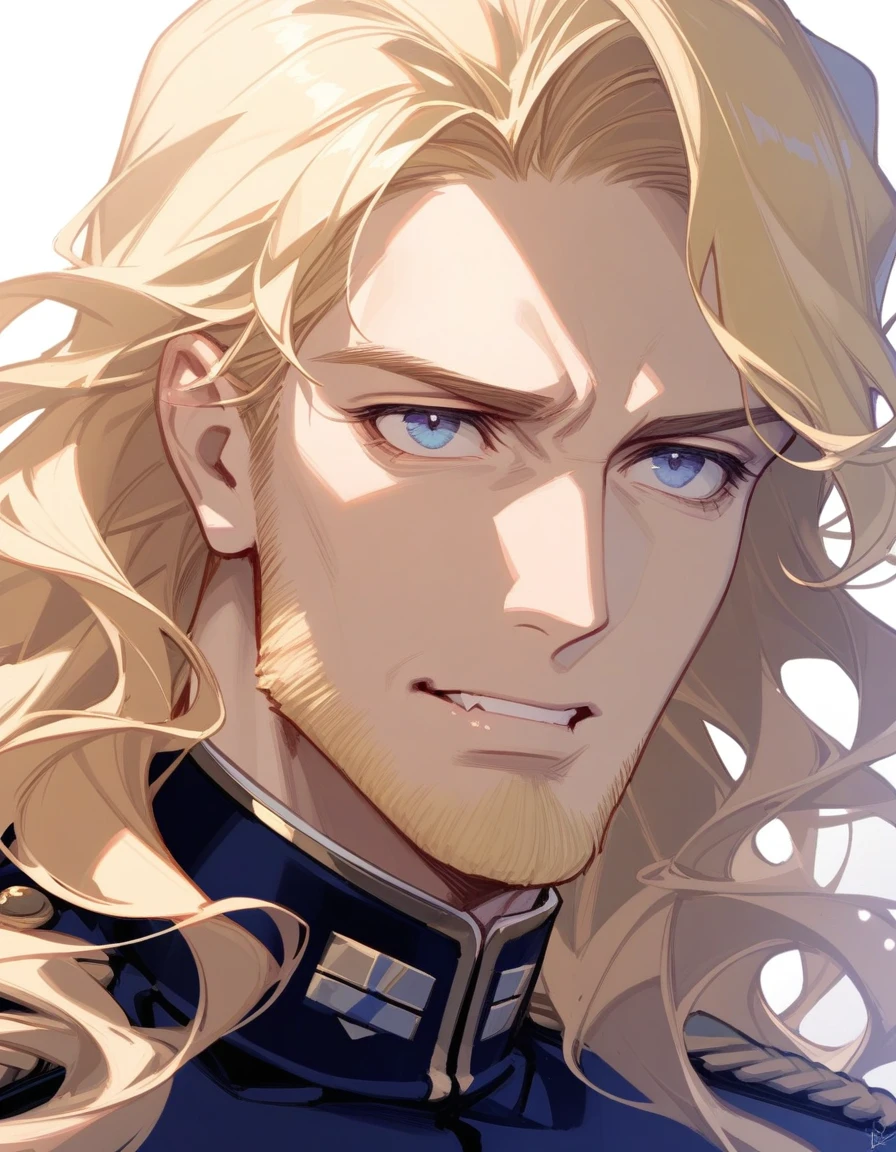 male, late 30s, blond, shoulder-length, middle-part wavy hair, light-purple, deep-set, Sanpaku eyes, slightly thick blond beard, aquiline and hooked nose, slightly underbite, chiseled, slightly long face, fearless expression, navy blue military uniform, portrait