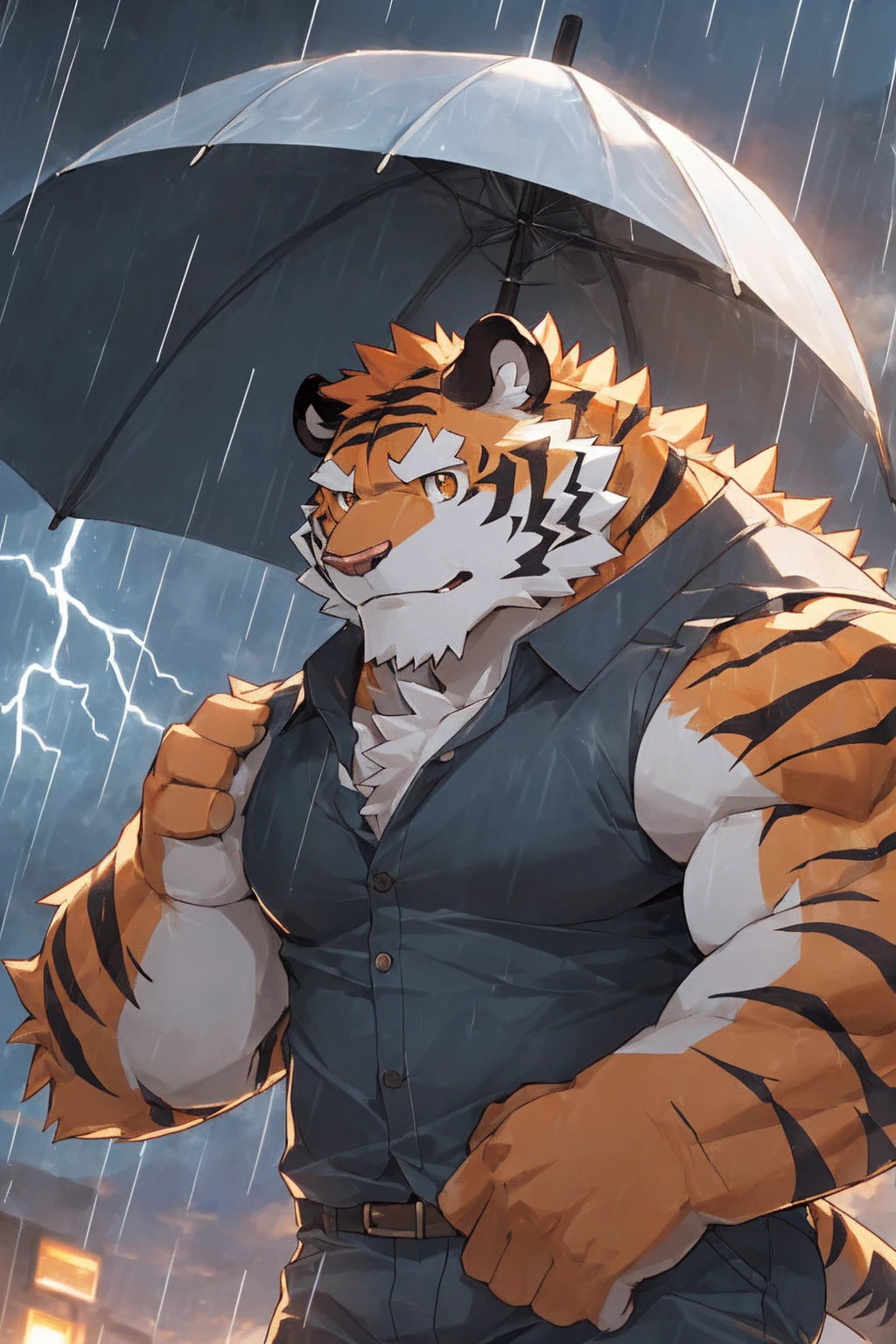 human nature, Wildlife, male,36 years old,Uncle, solitary, ((Round Face, The face is plump,Orange eyes,Thick orange hair,With scars)), ((Endomorph, Handsome,Hot Blood)), (Mecha suit,No electricity,exhaustion), ((domestic tiger, tiger,) Fluffy fur, Fluffy), Bokeh, (high quality, high resolution, masterpiece), (Dynamic Lighting, Vibrant colors), (Revitalize,harm,Disdain), Full body picture (close up), cartoon, author:Takemoto Arashi, From zixiong, By Chunni, author:Empty Ghost,Thunder storm,Holding an umbrella,Rain drops from umbrella,prosperous city(background:A city where it rains)