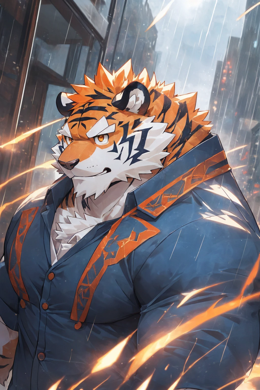 human nature, Wildlife, male,36 years old,Uncle, solitary, ((Round Face, The face is plump,Orange eyes,Thick orange hair,With scars)), ((Endomorph, Handsome,Hot Blood)), (Mecha suit,No electricity,exhaustion), ((domestic tiger, tiger,) Fluffy fur, Fluffy), Bokeh, (high quality, high resolution, masterpiece), (Dynamic Lighting, Vibrant colors), (Revitalize,harm,Disdain), Full body picture (close up), cartoon, author:Takemoto Arashi, From zixiong, By Chunni, author:Empty Ghost,Thunder storm,Holding an umbrella,Rain drops from umbrella,prosperous city(background:A city where it rains)
