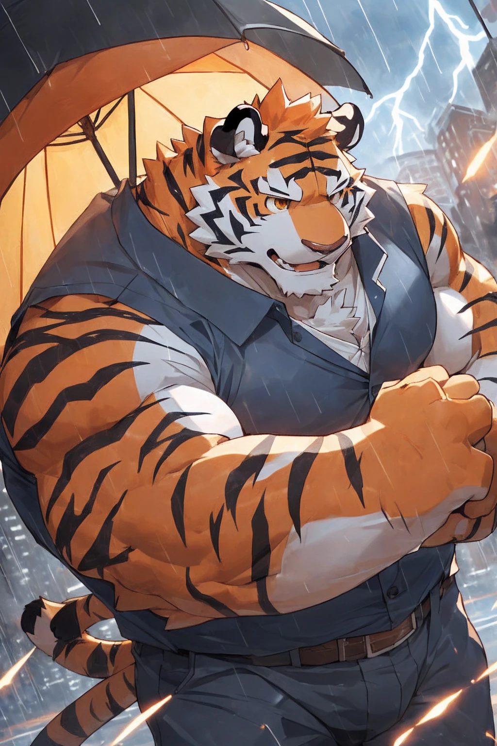 human nature, Wildlife, male,36 years old,Uncle, solitary, ((Round Face, The face is plump,Orange eyes,Thick orange hair,With scars)), ((Endomorph, Handsome,Hot Blood)), (Mecha suit,No electricity,exhaustion), ((domestic tiger, tiger,) Fluffy fur, Fluffy), Bokeh, (high quality, high resolution, masterpiece), (Dynamic Lighting, Vibrant colors), (Revitalize,harm,Disdain), Full body picture (close up), cartoon, author:Takemoto Arashi, From zixiong, By Chunni, author:Empty Ghost,Thunder storm,Holding an umbrella,Rain drops from umbrella,prosperous city(background:A city where it rains)