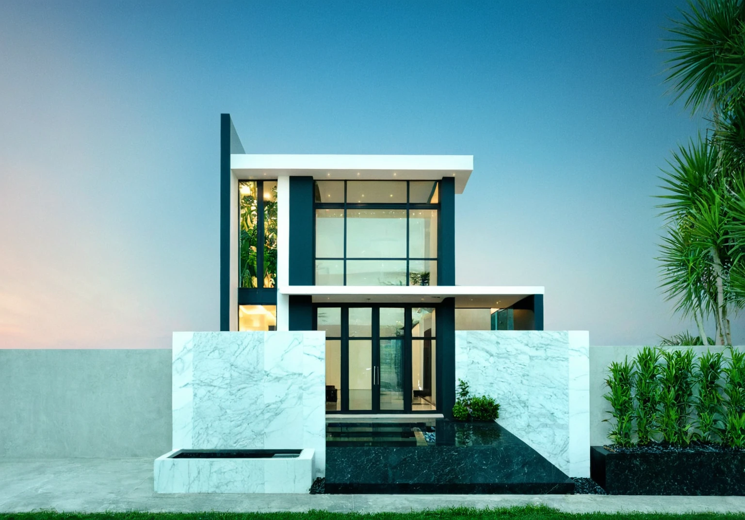 masterpiece, best quality, exterior design, (sunset), one-story modern house in Vietnamese village, marble, steel, modern light-colored granite facade and white walls, wooden ceiling , large glass, modern minimalist style, green shrubs and tropical plants background, large doors and windows.