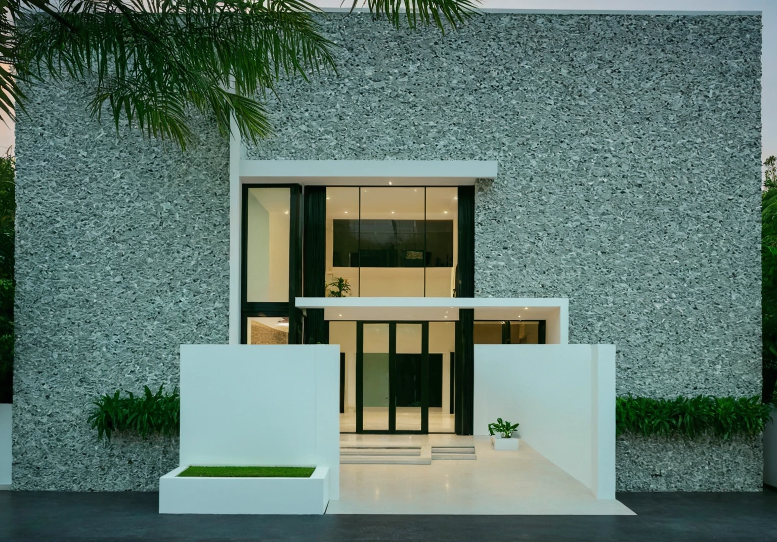 masterpiece, best quality, exterior design, (sunset), one-story modern house in Vietnamese village, marble, steel, modern light-colored granite facade and white walls, wooden ceiling , large glass, modern minimalist style, green shrubs and tropical plants background, large doors and windows.