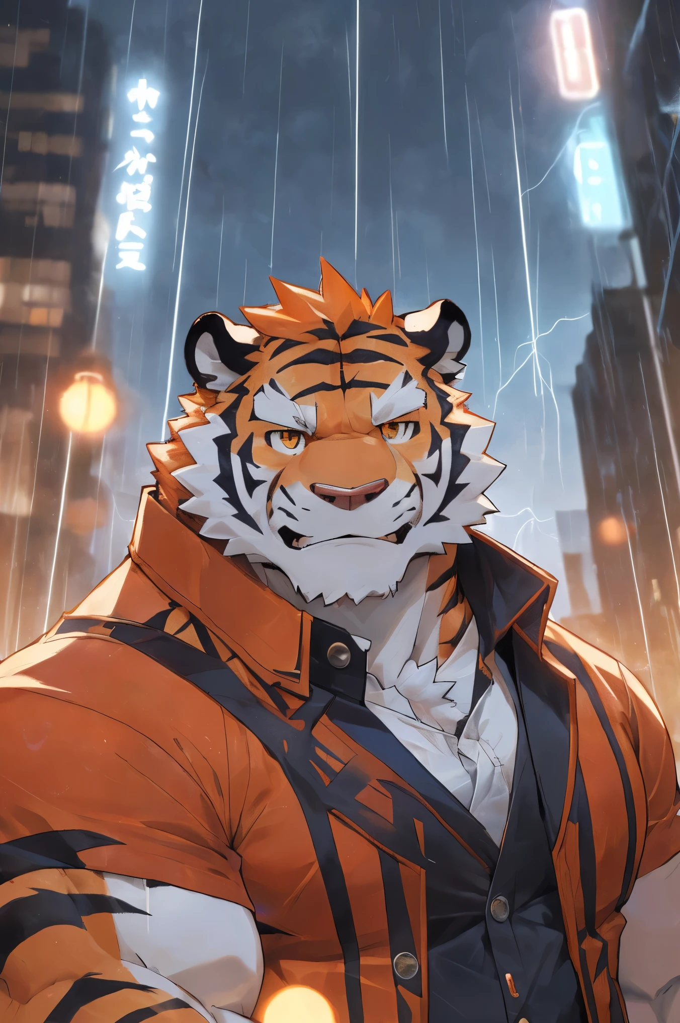 human nature, Wildlife, male,36 years old,Uncle, solitary, ((Round Face, The face is plump,Orange eyes,Thick orange hair,With scars)), ((Endomorph, Handsome,Hot Blood)), (Mecha suit,No electricity,exhaustion), ((domestic tiger, tiger,) Fluffy fur, Fluffy), Bokeh, (high quality, high resolution, masterpiece), (Dynamic Lighting, Vibrant colors), (Revitalize,harm,Disdain), Full body picture (close up), cartoon, author:Takemoto Arashi, From zixiong, By Chunni, author:Empty Ghost,Thunder storm,Holding an umbrella,Rain drops from umbrella,prosperous city(background:A city where it rains)