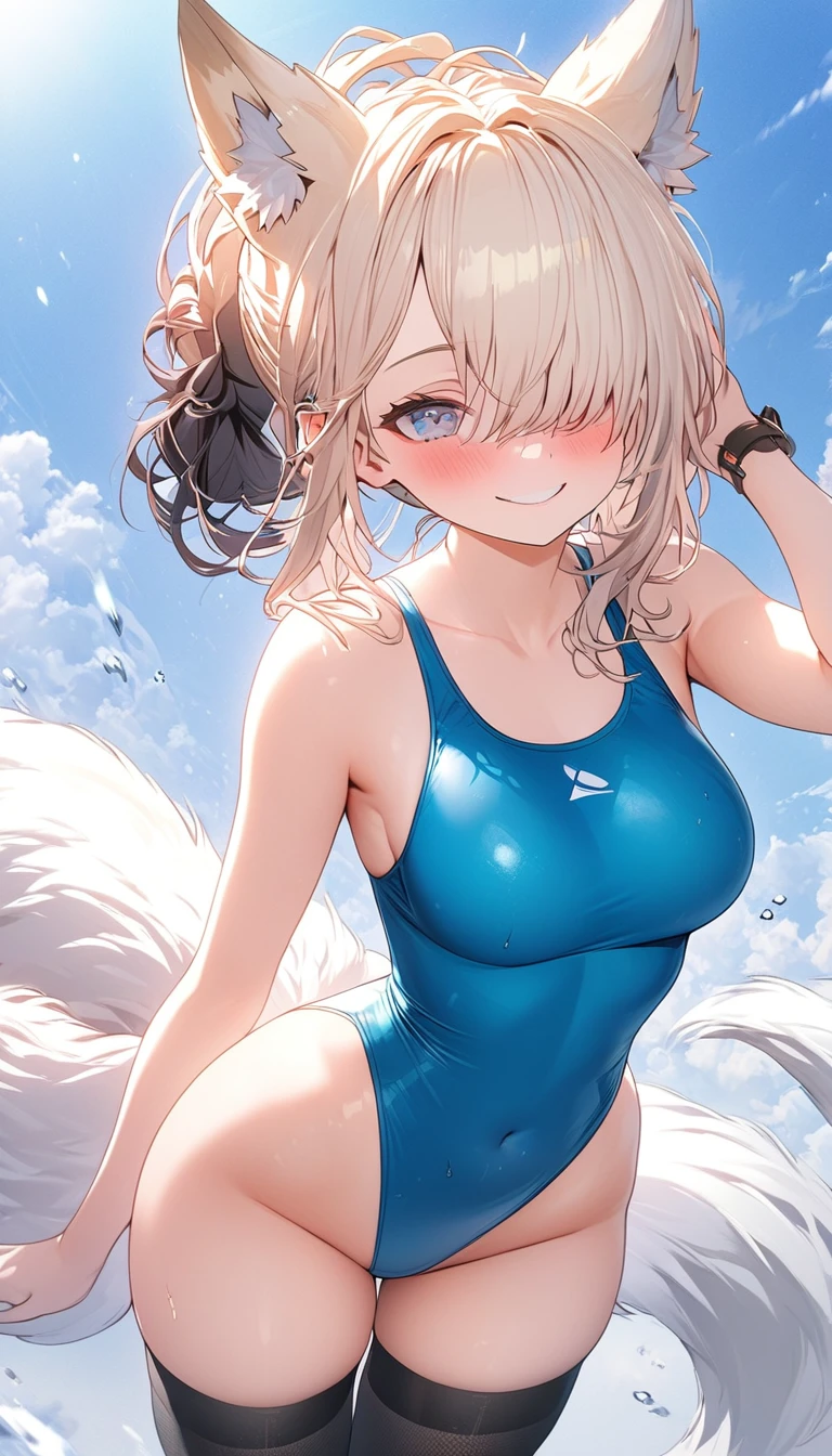 (8k, 4k, Masterpiece, Ultra quality, Ultra detail, HDR, Anime, Brighter colors), (1girl, Kitsune ears, medium hair, Bangs over one eye, 2-tone hair, Tied hair, Blush,smiling, breasts, (Highleg-swimsuit, thigh highs), Standing, plain background