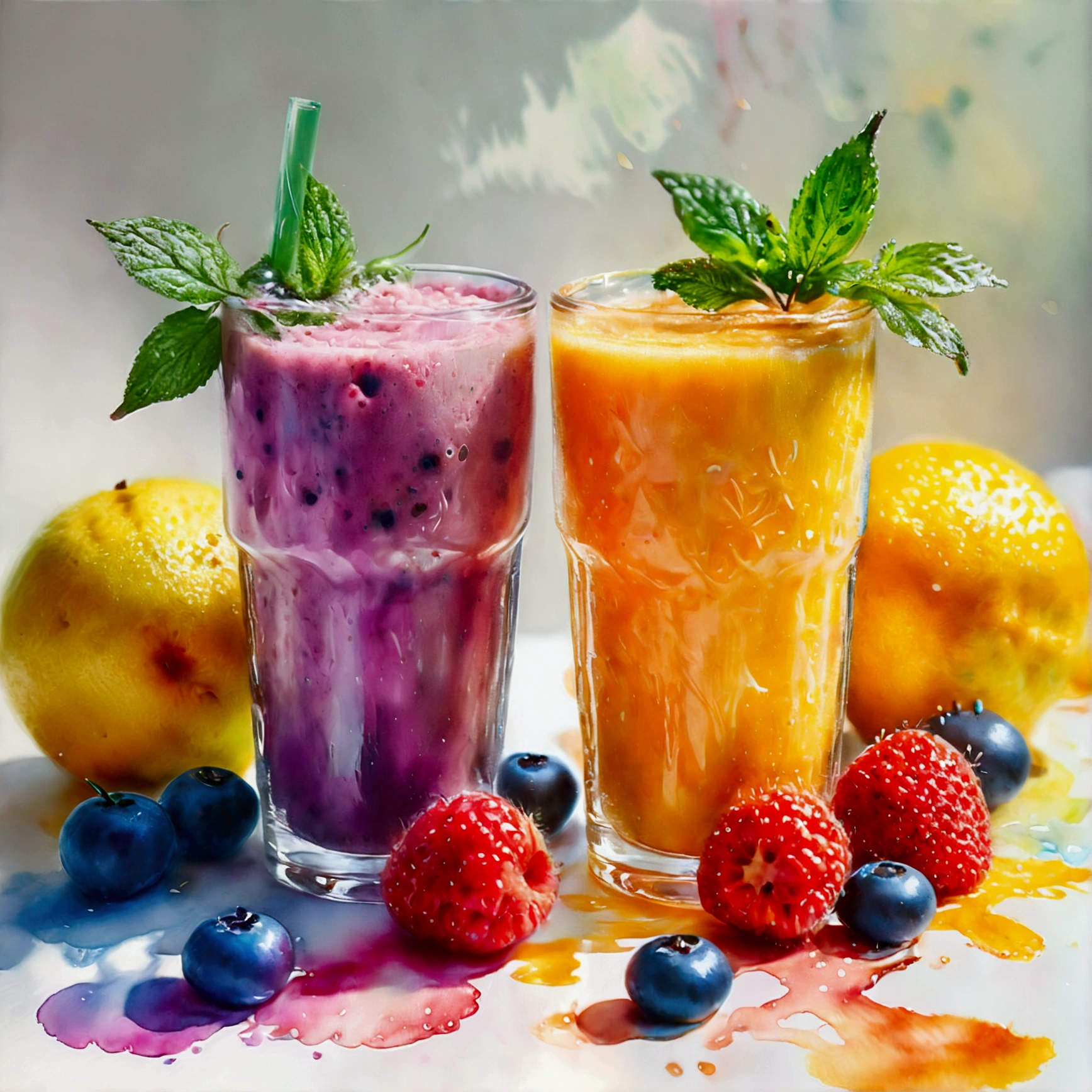 there are two types of colorful healthy drinks served in two glasses, the glasses sitting on a surface, juices, smoothie and infused water , illustration, isolated with solid white background, surrounded with negative space, centered composition, highest detailed painting, very precise line, Isolated, clear solid white background, perspective angle of view, ((watercolor:1.5)), (lora:add-detail-xl:1), (masterpiece), (best quality), no bread on the floor, washed out color, 