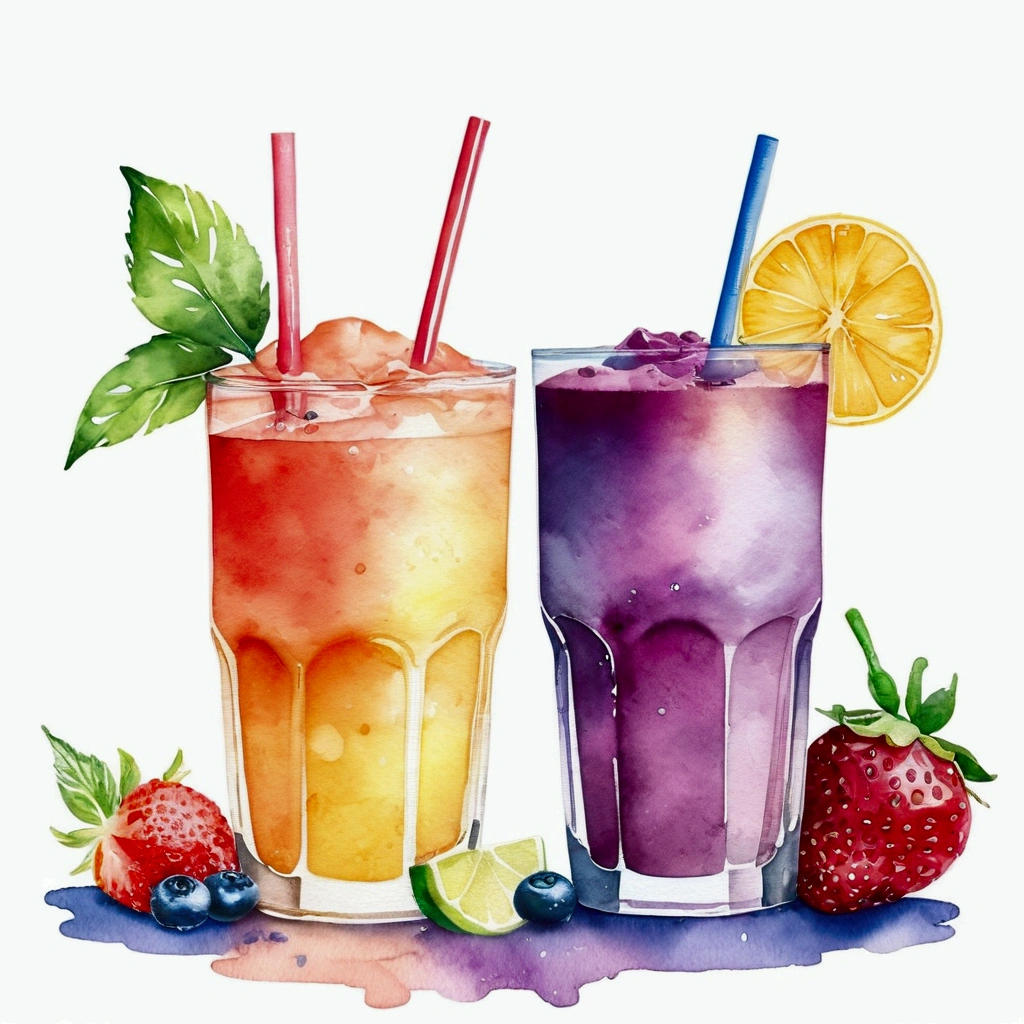 there are two types of colorful healthy drinks served in two glasses, the glasses sitting on a surface, juices, smoothie and infused water , illustration, isolated with solid white background, surrounded with negative space, centered composition, highest detailed painting, very precise line, Isolated, clear solid white background, perspective angle of view, ((watercolor:1.5)), (lora:add-detail-xl:1), (masterpiece), (best quality), no bread on the floor, washed out color, 