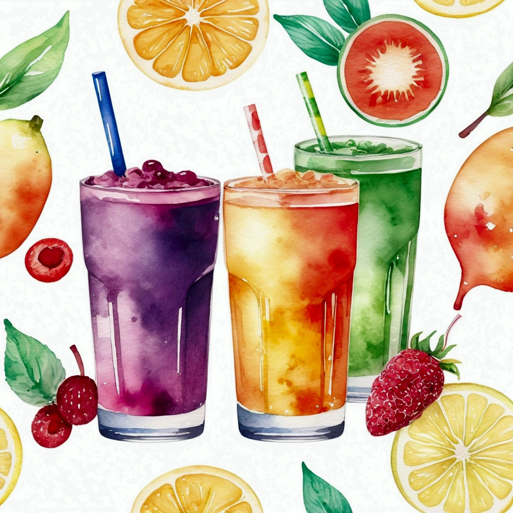 there are two types of colorful healthy drinks served in two glasses, the glasses sitting on a surface, juices, smoothie and infused water , illustration, isolated with solid white background, surrounded with negative space, centered composition, highest detailed painting, very precise line, Isolated, clear solid white background, perspective angle of view, ((watercolor:1.5)), (lora:add-detail-xl:1), (masterpiece), (best quality), no bread on the floor, washed out color, 