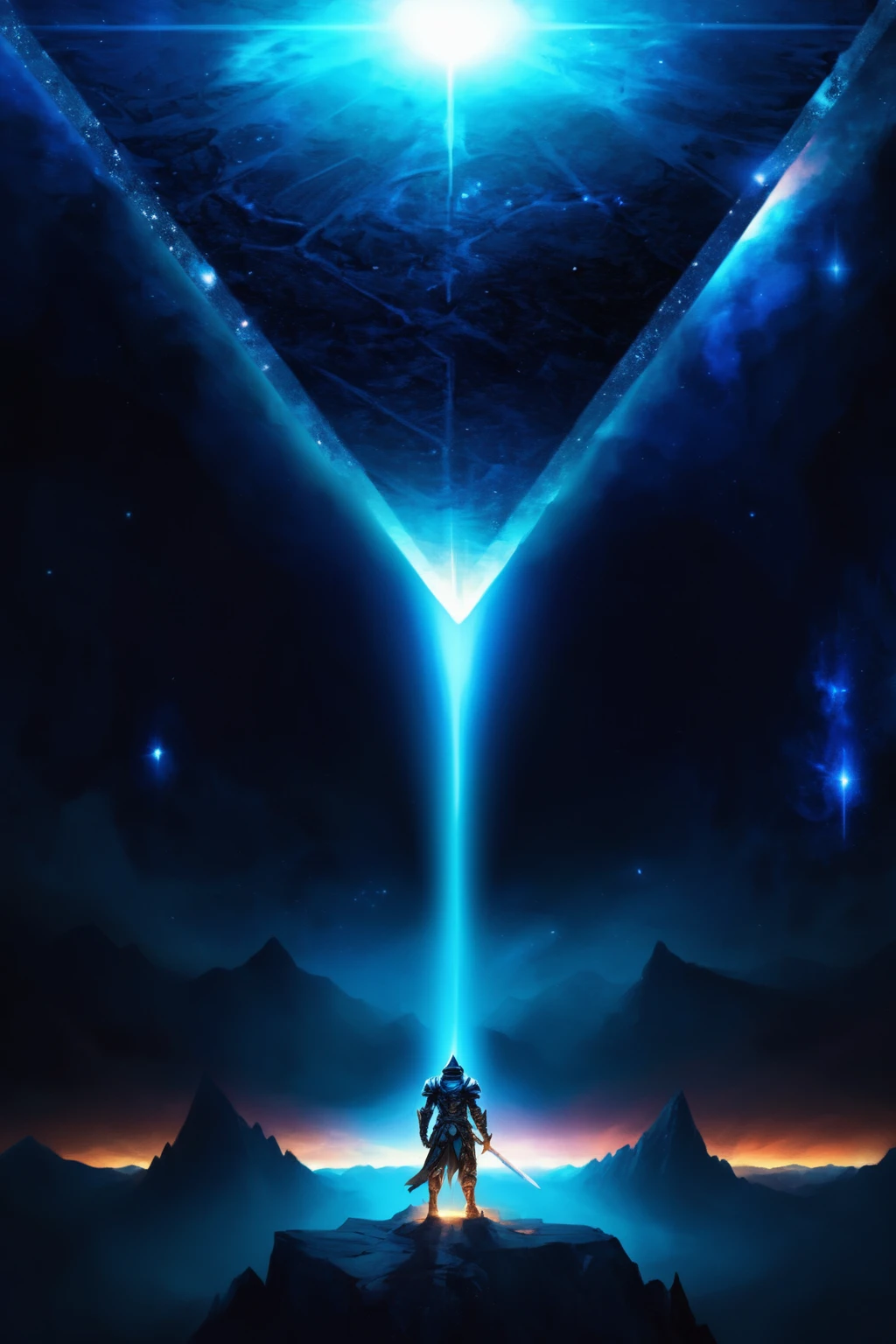 Digital artwork featuring a sci-fi and fantasy theme. The layout is vertical, with a central figure standing on a rocky outcrop, facing a massive, glowing, inverted pyramid in the sky. The figure appears to be a warrior, clad in futuristic armor, holding a sword, and is illuminated by a beam of light emanating from the pyramid. The background showcases a starry night sky with nebulae and distant mountains, creating a sense of vastness and otherworldliness. The color palette is dominated by shades of blue and black, with bright white highlights from the light sources.