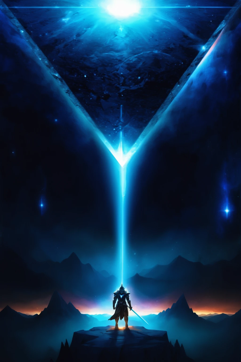 Digital artwork featuring a sci-fi and fantasy theme. The layout is vertical, with a central figure standing on a rocky outcrop, facing a massive, glowing, inverted pyramid in the sky. The figure appears to be a warrior, clad in futuristic armor, holding a sword, and is illuminated by a beam of light emanating from the pyramid. The background showcases a starry night sky with nebulae and distant mountains, creating a sense of vastness and otherworldliness. The color palette is dominated by shades of blue and black, with bright white highlights from the light sources.