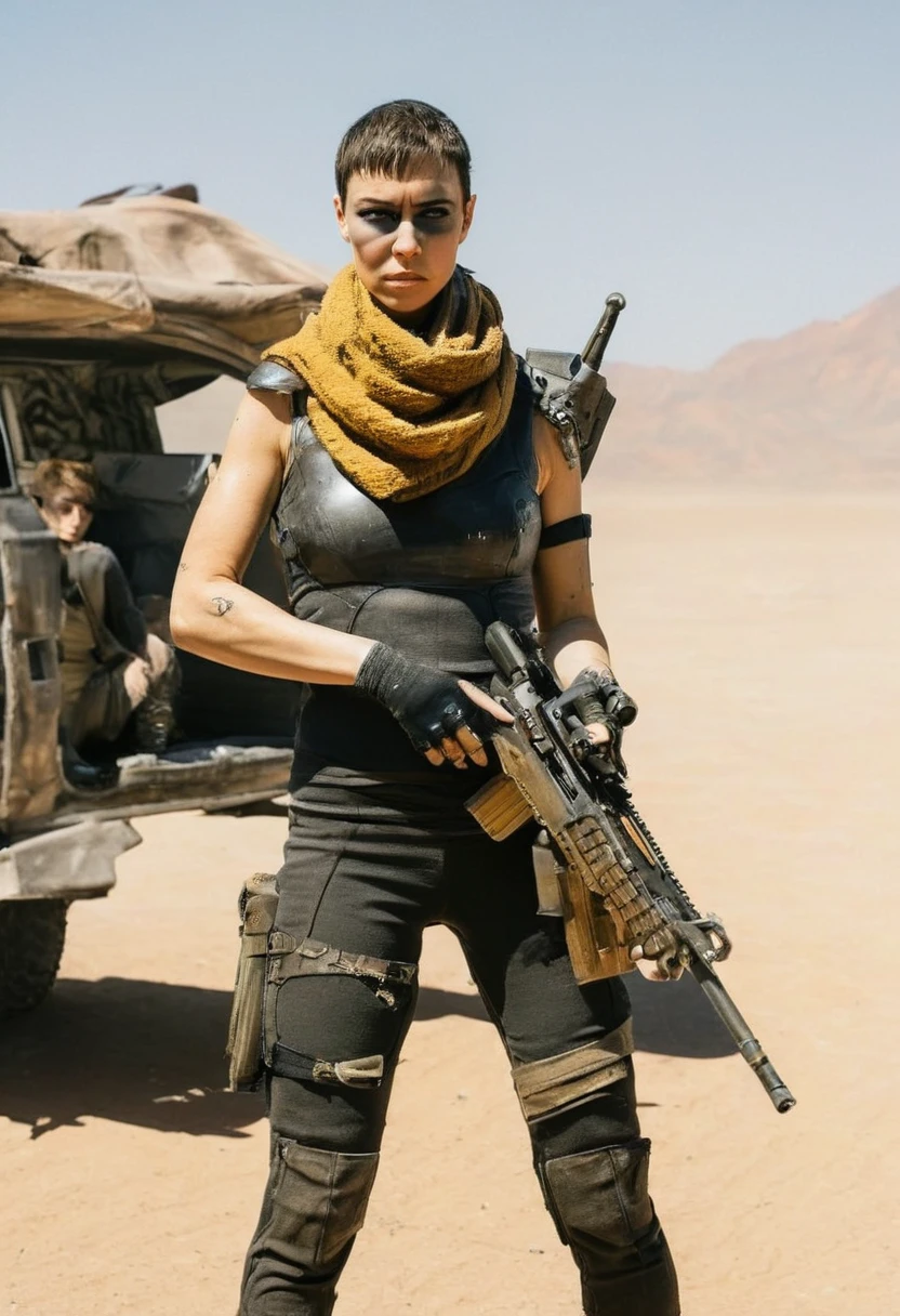 A pretty girl as Imperator Furiosa from the Mad Max Saga movie, wearing apocalyptic armor and pants and scarf,  holding a rifle in front of survivor's base camp at the desert
