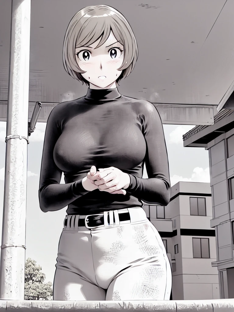 (野球uniform:1.2),
blonde, (short hair:1.2),Long sleeve, Black Shirt, turtleneck,White trousers、uniform、Black belt、((Illustration of a person))、big 、Muddy、Soil stains、ドロドロのuniform、
View your audience,, (Highest quality:1.3),One Girl, White pants、uniform、Outdoor、baseball ground、ground、soil、blue eyes、Tight black shirt、(masterpiece、Highest quality)、Highest quality, Ultra-high resolution, (((masterpiece))), alone, Sweat、big eyes、big Breasts、Torn clothes、 Fully exposed、Nipples、One Girl, Front view、Embarrassed face、Bronze colored hair、((short hair))、Stand up straight、Cowboy Shot