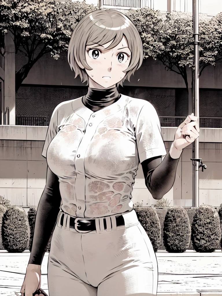 (野球uniform:1.2),
blonde, (short hair:1.2),Long sleeve, Black Shirt, turtleneck,White trousers、uniform、Black belt、((Illustration of a person))、big 、Muddy、Soil stains、ドロドロのuniform、
View your audience,, (Highest quality:1.3),One Girl, White pants、uniform、Outdoor、baseball ground、ground、soil、blue eyes、Tight black shirt、(masterpiece、Highest quality)、Highest quality, Ultra-high resolution, (((masterpiece))), alone, Sweat、big eyes、big Breasts、Torn clothes、 Fully exposed、Nipples、One Girl, Front view、Embarrassed face、Bronze colored hair、((short hair))、Stand up straight、Cowboy Shot