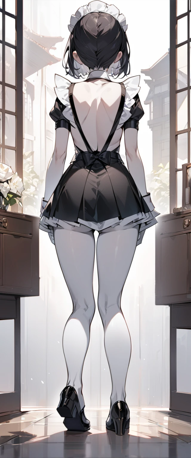 Masterpiece, Backless V-line maid costum, short skirt, girl, white skin, 2 view from front and back, all body shot, collar, she say "welcome master", 2 Views: From front view and From back view
