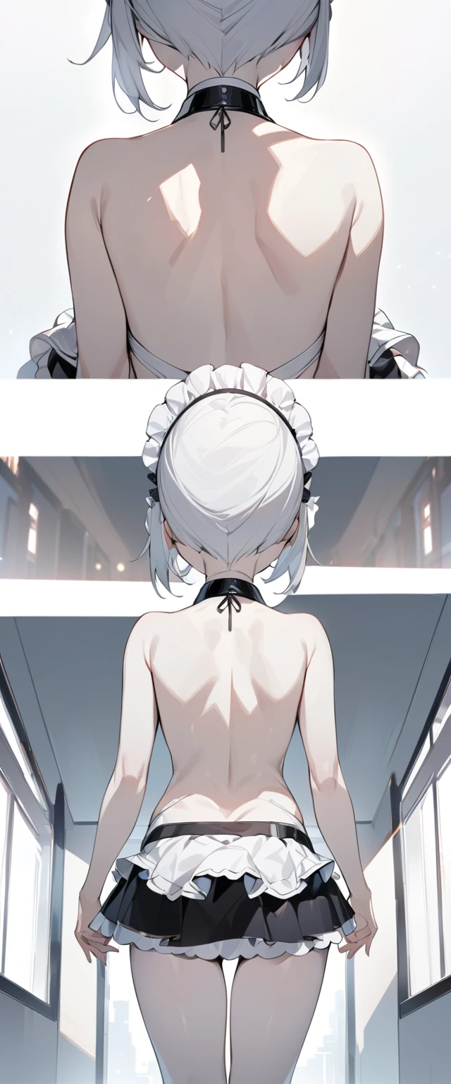 Masterpiece, Backless V-line maid costum, short skirt, girl, white skin, 2 view from front and back, all body shot, collar, she say "welcome master", 2 Views: From front view and From back view