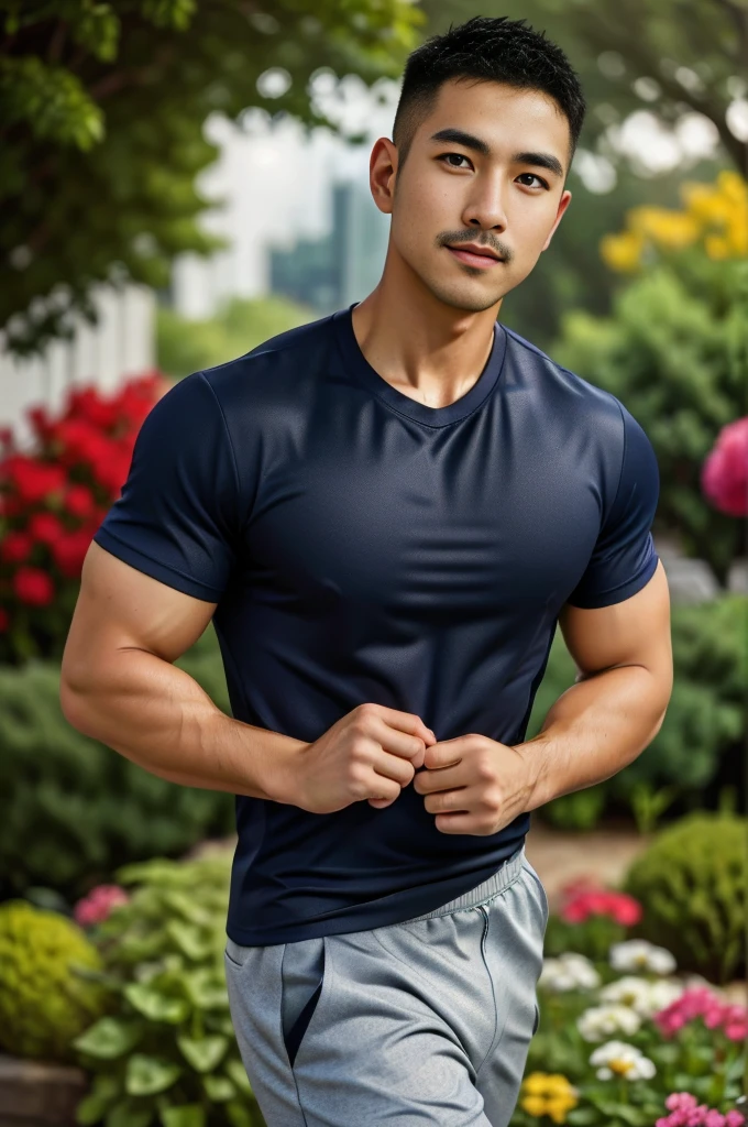 Masterpiece, best quality, high resolution, realistic, handsome, Take beautiful photos, Sayk, NRF, Photo of the 35 year old gym association (The man has a thin mustache.:1.1),Full body, Portrait, standing in the garden , make military media, weight, Amazing , Buzzcut short hair,stubble head , (Hyper Muscle),looking at the audience, Flirt with the camera, charming, (Tight navy blue workout shirt. ),(GS-Male:1), 8K,Bokeh,Portrait,look at the viewer,
