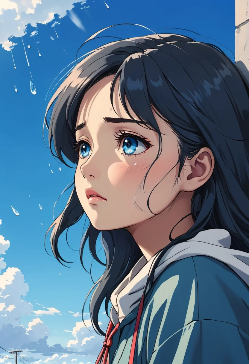 Anime style:Sad girl，Look up at the sky，tears at the corner of the eye