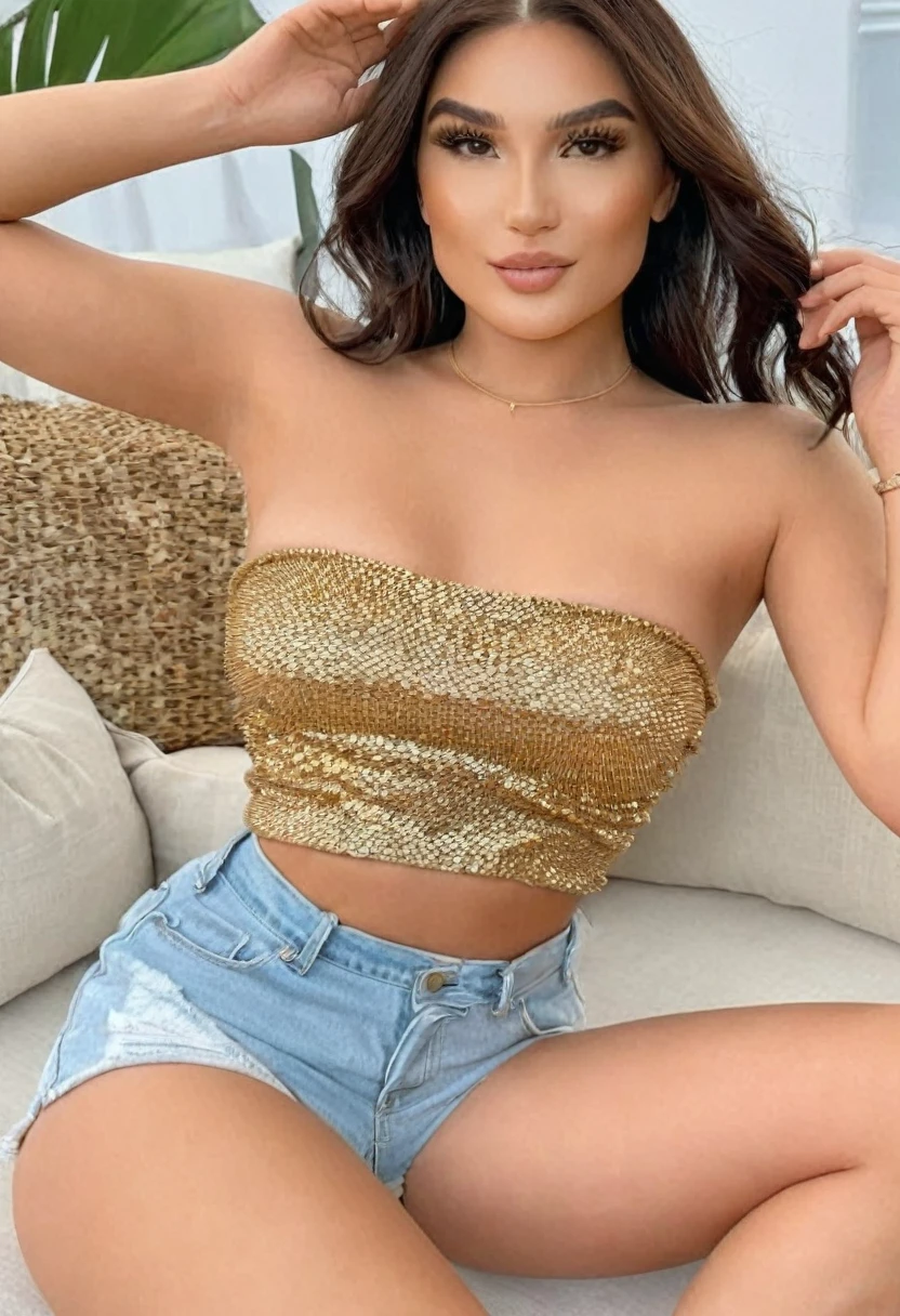 (((high quality:1.2))), work of art, (8k), extremely detailed, ((High detail:1.2)), ((best resolution:1.4)), (HotLexi woman), Solo, (beautiful face:1.4), (34 years:1.5), (strapless crop top, mini-shorts),
