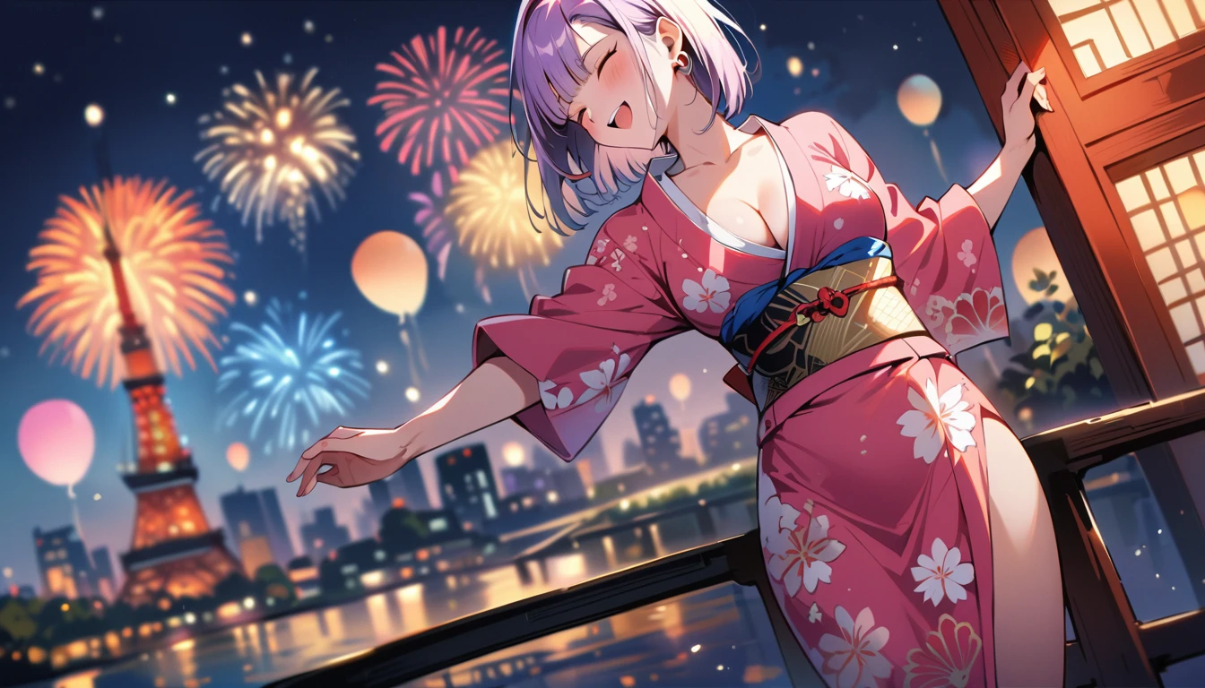 (masterpiece, best quality:1.2),1girl, (solo), Android 18 from Dragon Ball, ((floral print pink kimono)), medium breasts, blunt bangs, purple short hair, (close eyes), earrings on earlobes, slim, slender feminine figure, skinny body, blush, magnificent view, blur background, 4K, open mouth, smile, Japanese sandals, Tokyo Tower, firework, arms open, cleavage, from below,
