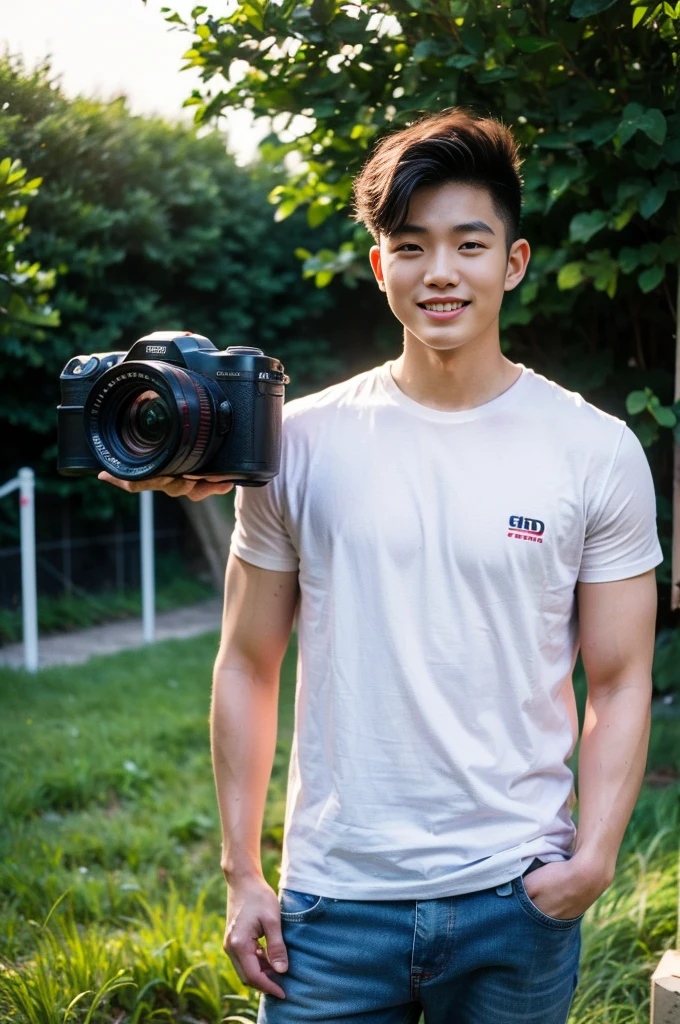 Young Korean man in a white t-shirt and jeans, A handsome, muscular young Asian man looks at the camera. In a simple t-shirt blue and red , Fieldside, grass, beach, sunlight, Carrying a camera, smiling