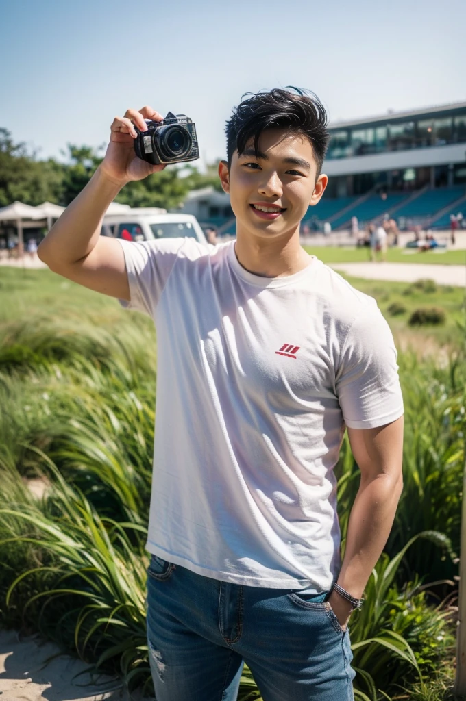 Young Korean man in a white t-shirt and jeans, A handsome, muscular young Asian man looks at the camera. In a simple t-shirt white and red , Fieldside, grass, beach, sunlight, Carrying a camera