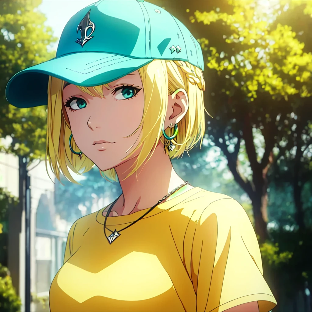 masterpiece, best quality, illustration, 1girl, , aqua eyes, baseball cap, blonde hair, closed mouth, earrings, hat, hoop earrings, jewelry, shirt, short hair, simple background, yellow shirt, solo, looking at viewer, , , anime coloring, , A fairytale land where magical creatures live and thrive, , tokyo_ghoul_style