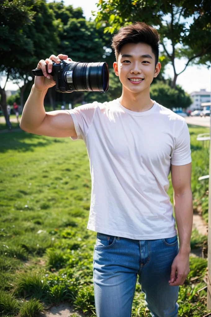 Young Korean man in a white t-shirt and jeans, A handsome, muscular young Asian man looks at the camera. In a simple t-shirt blue and red , Fieldside, grass, beach, sunlight, Carrying a camera, smiling