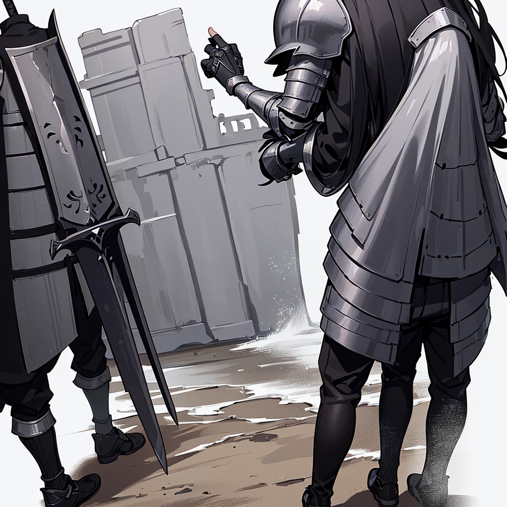 Best illustrations、Best Quality、(((Simple grey armor、Black trousers、Black glover.々Hairstyle、Mr.々Hair color)))、(((Grab the sword、Get Ready)))、(Old ruins、desert。Grass)、Fall to the floor、(Black, muddy swamp)、(中世の騎士が10 people)、(get annoyed、anxiety、impatience、Open your mouth、shout)、(lots of medieval knights、10 people)、battlefield、(From the back、Back view、back view)、(White background)